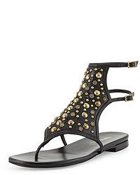Black Embellished Leather Thong Sandals