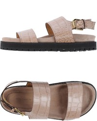 Beige Leather Flat Sandals