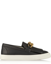 Black Embellished Leather Slip-on Sneakers