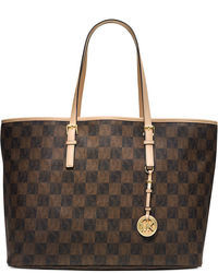 Brown Check Leather Tote Bag
